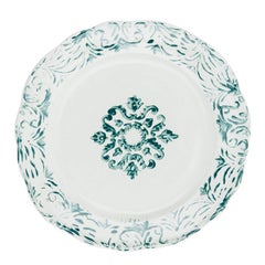 Hand Printed Green and White Floral Dinner Plates, Set of Four