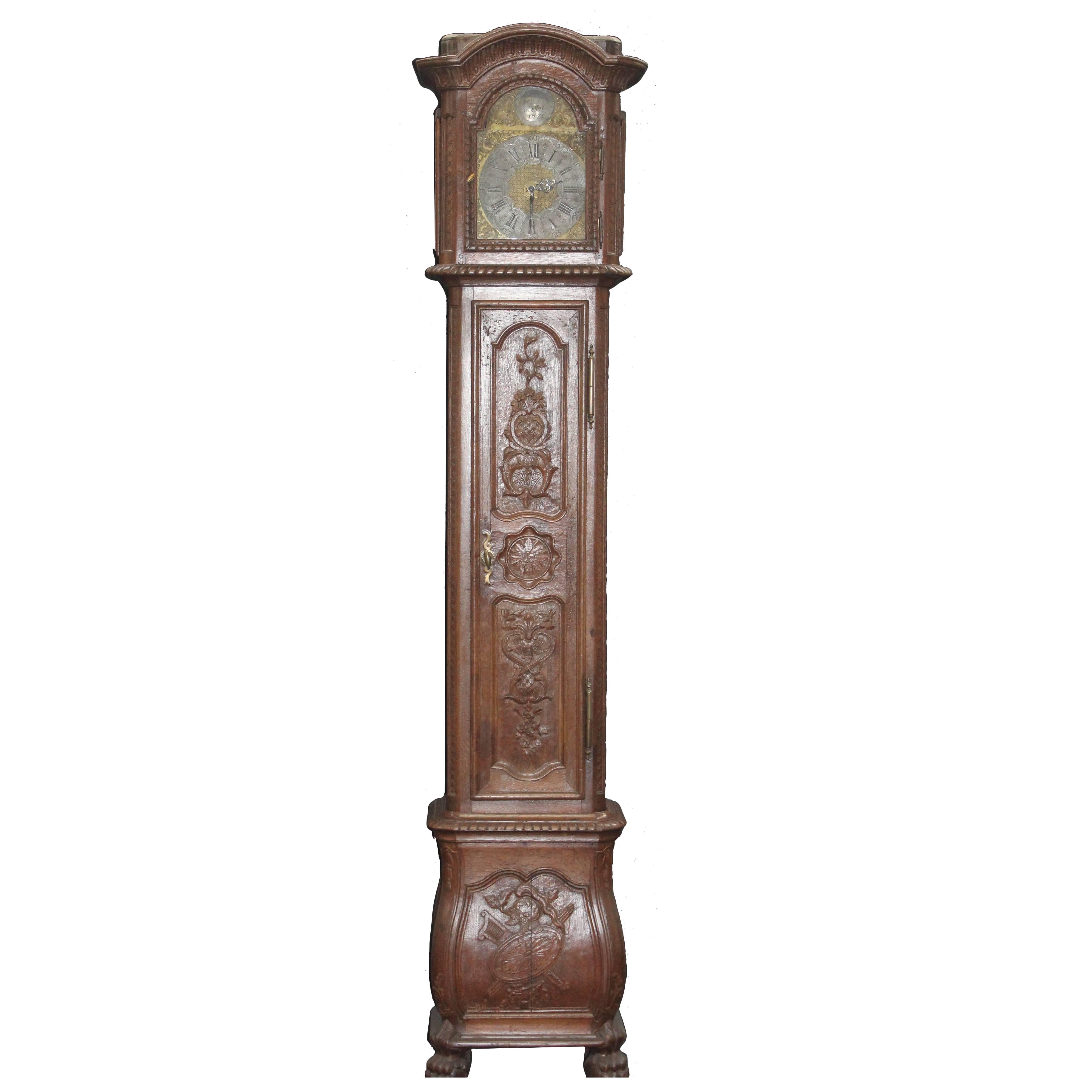 Tall Antique 18th Century Case Clock, French, Louis XV  Fine Carved Oak 