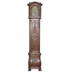 Tall Antique 18th Century Case Clock, French, Louis XV  Fine Carved Oak 