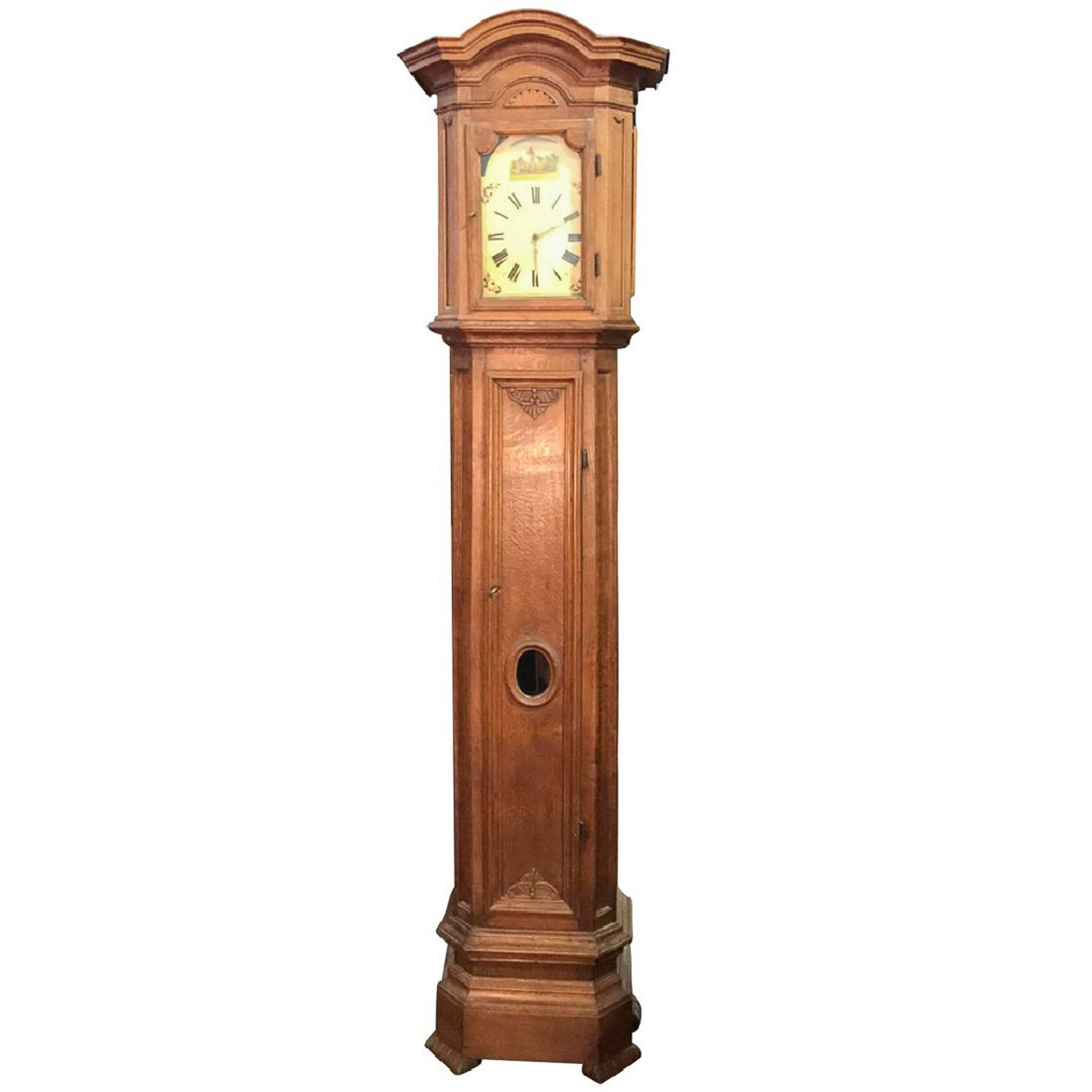 French Oak Long Case Clock with Original Painted Wood Dial, 18th Century