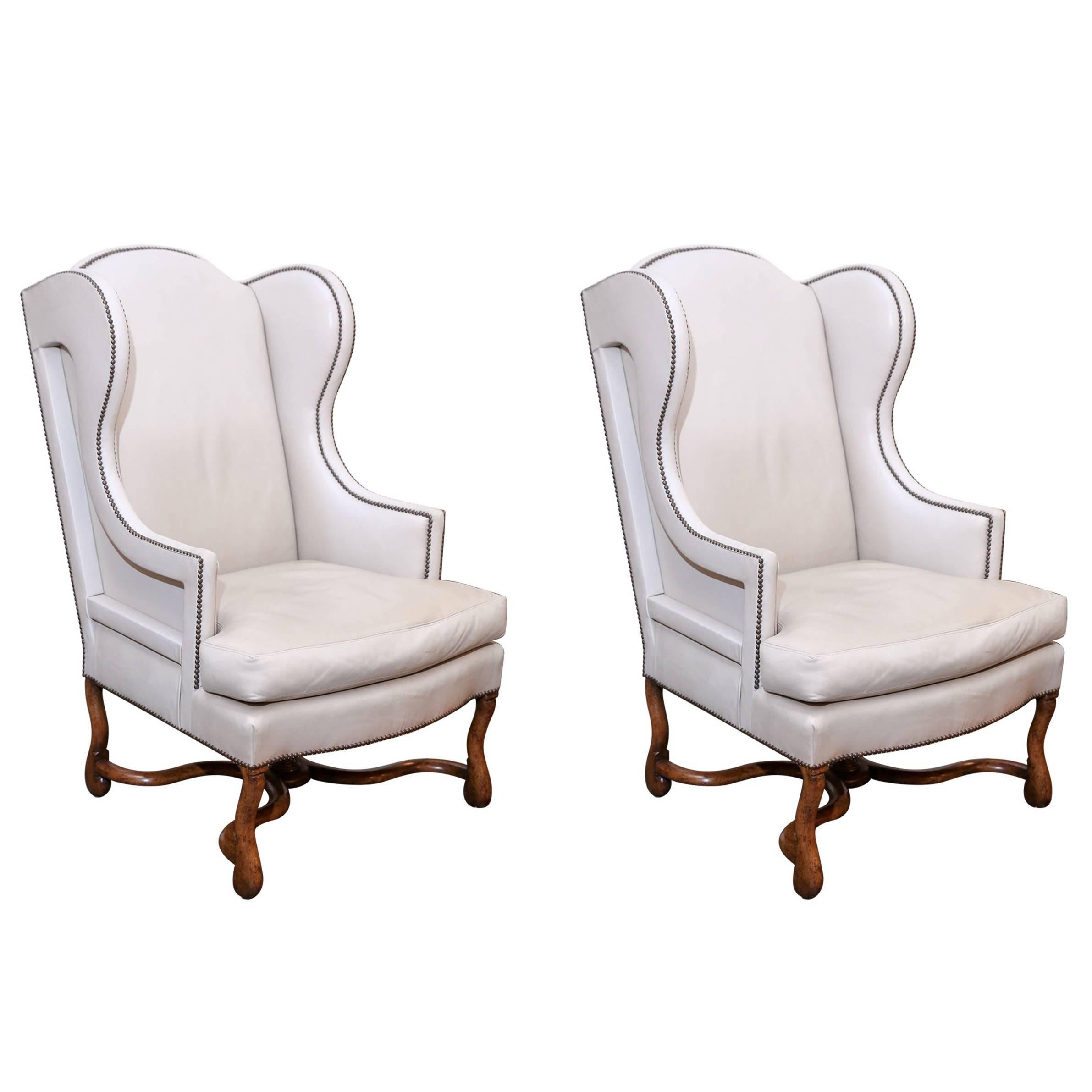 Pair of Mouton Wing Chairs in Off-White Leather For Sale