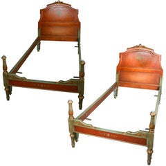 Pair of Adam Style Classical Hand-Painted, Gilt and Carved Satinwood Twin Beds