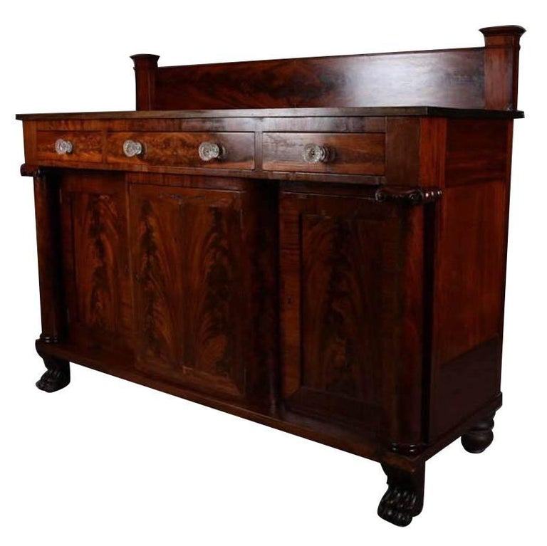American Empire Carved and Bookmatched Flame Mahogany Sideboard, 19th