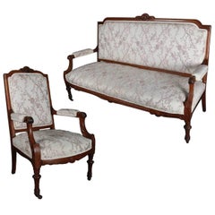 Antique French Louis XVI Carved Walnut Upholstered Sofa and Chair Parlor Set