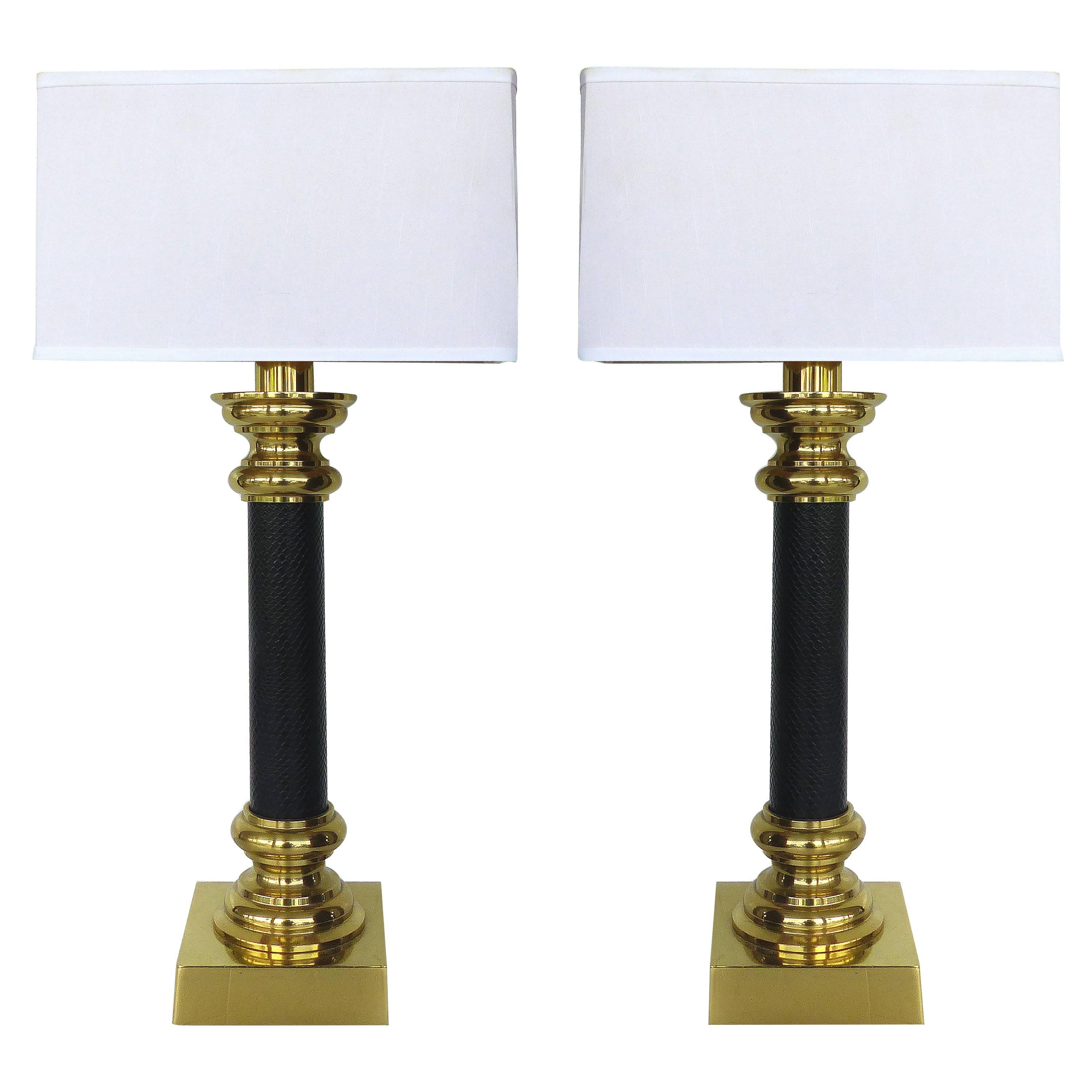 Fine Quality Pair of Stiffel Brass and Leather Classical Column Table Lamps