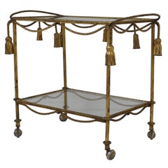 Italian Midcentury Gilt Metal Rope Bar Cart With Tassels