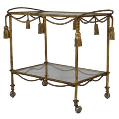 Italian Midcentury Gilt Metal Rope Bar Cart With Tassels 