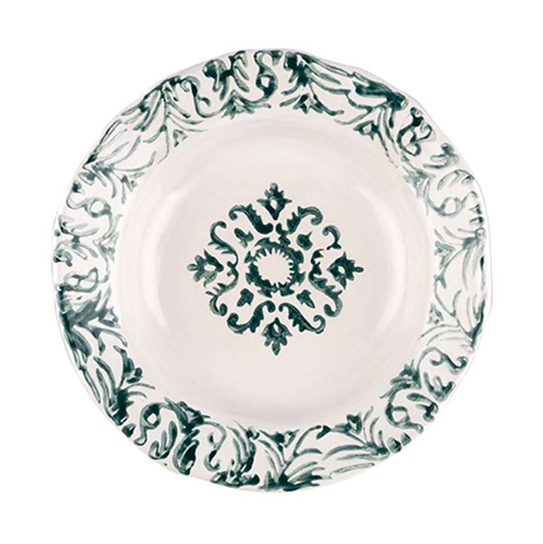 Hand Printed Green and White Floral Soup Plates, Set of Four For Sale
