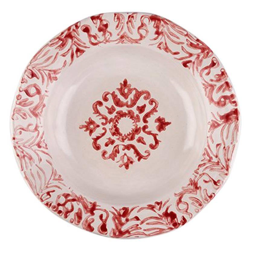 Hand Printed Red and White Floral Soup Plates, Set of Four For Sale