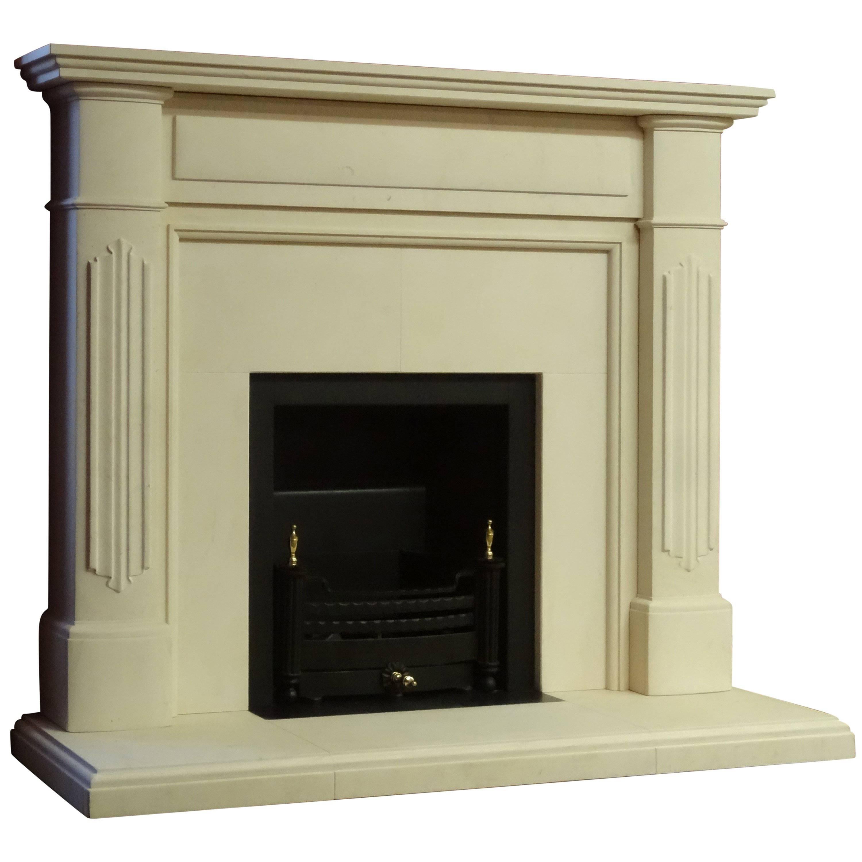 21st Century Irish Carved Limestone Fireplace Metal Trim and Fire Basket For Sale
