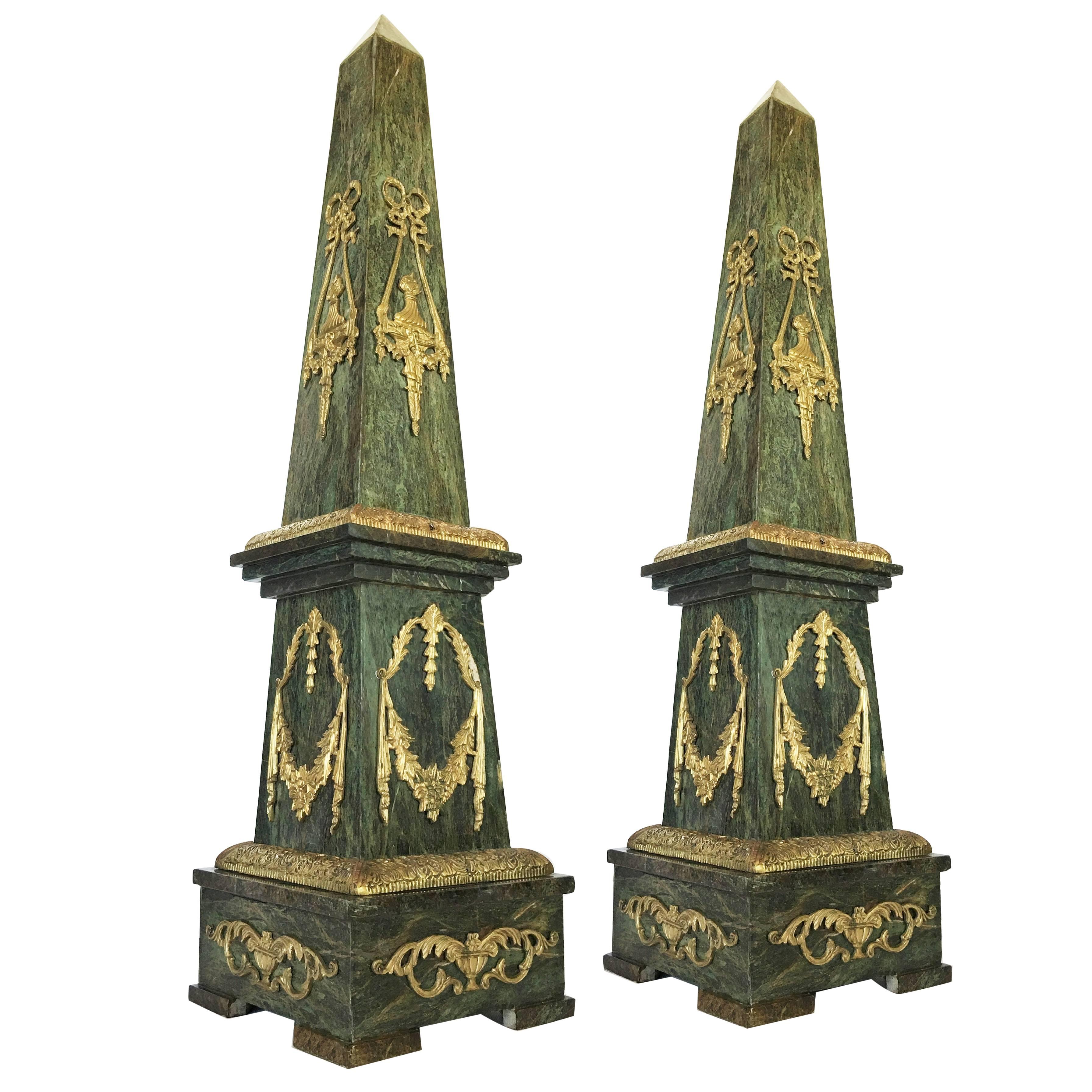 Monumental Pair of Marble and Gilt Bronze Obelisks For Sale