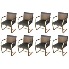Set of Eight Brass and Leather Mies Van Der Rohe Brno Flat Bar Chairs for Knoll