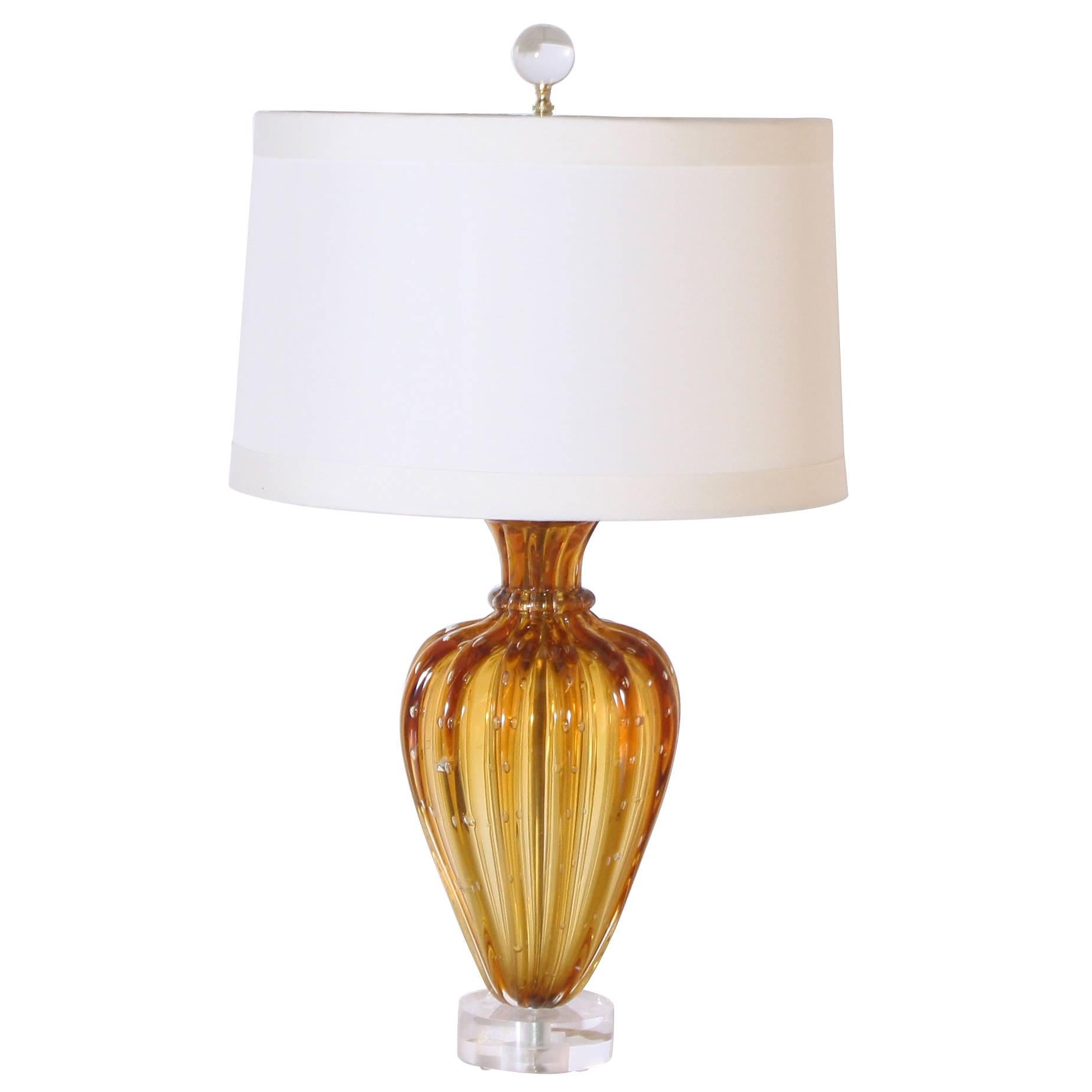 Small Amber Murano Glass Lamp with Clear Bubble Inclusions, circa 1960