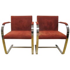 Pair of Alivar Italy Suede Leather Cantilevered Van der Rohe Style Chrome Chairs