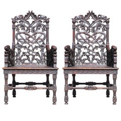 Pair of Celtic Style Gothic Carved Dragon Head Pearl in Mouth Armchairs