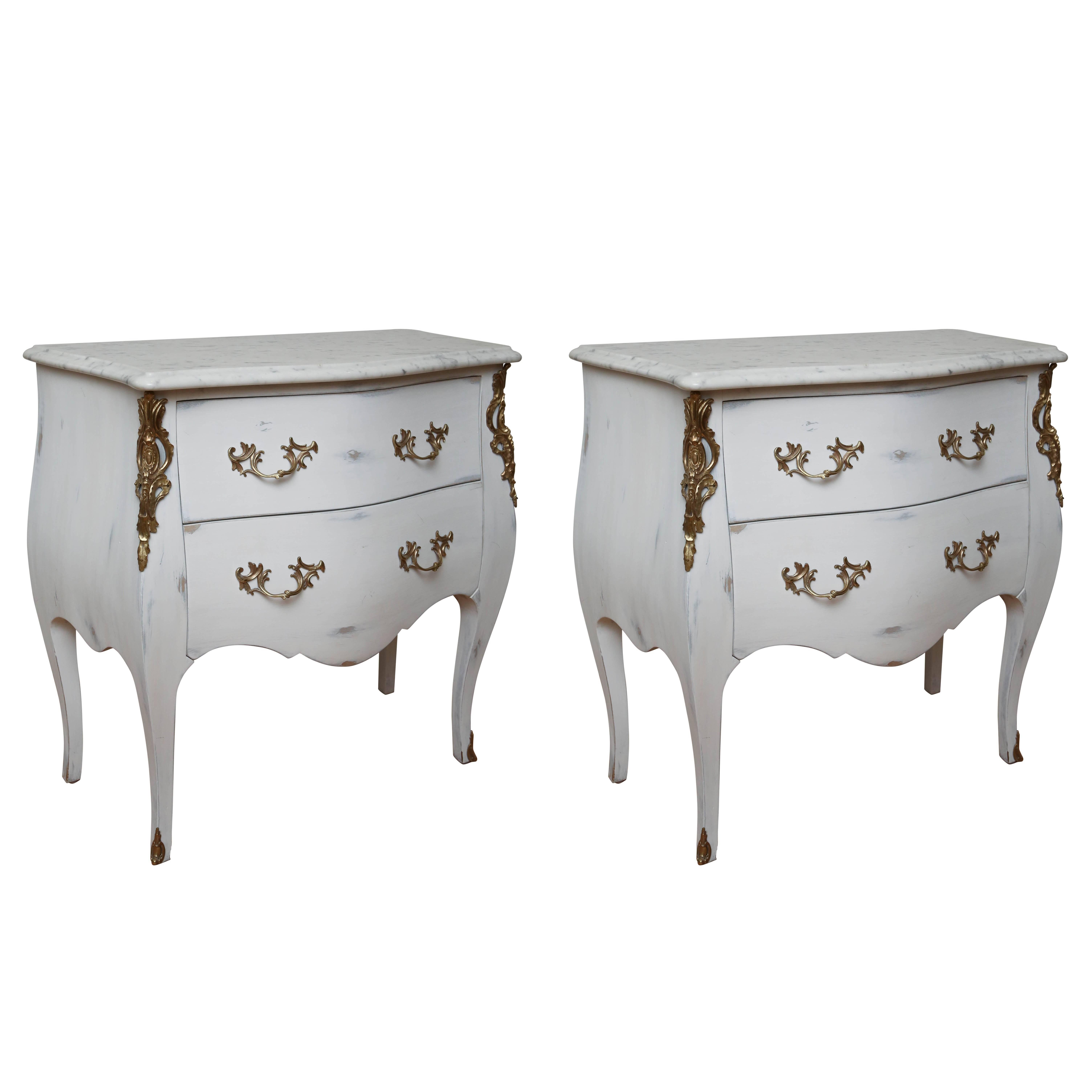 Pair of Vintage Auffray Painted Chests with Marble Tops