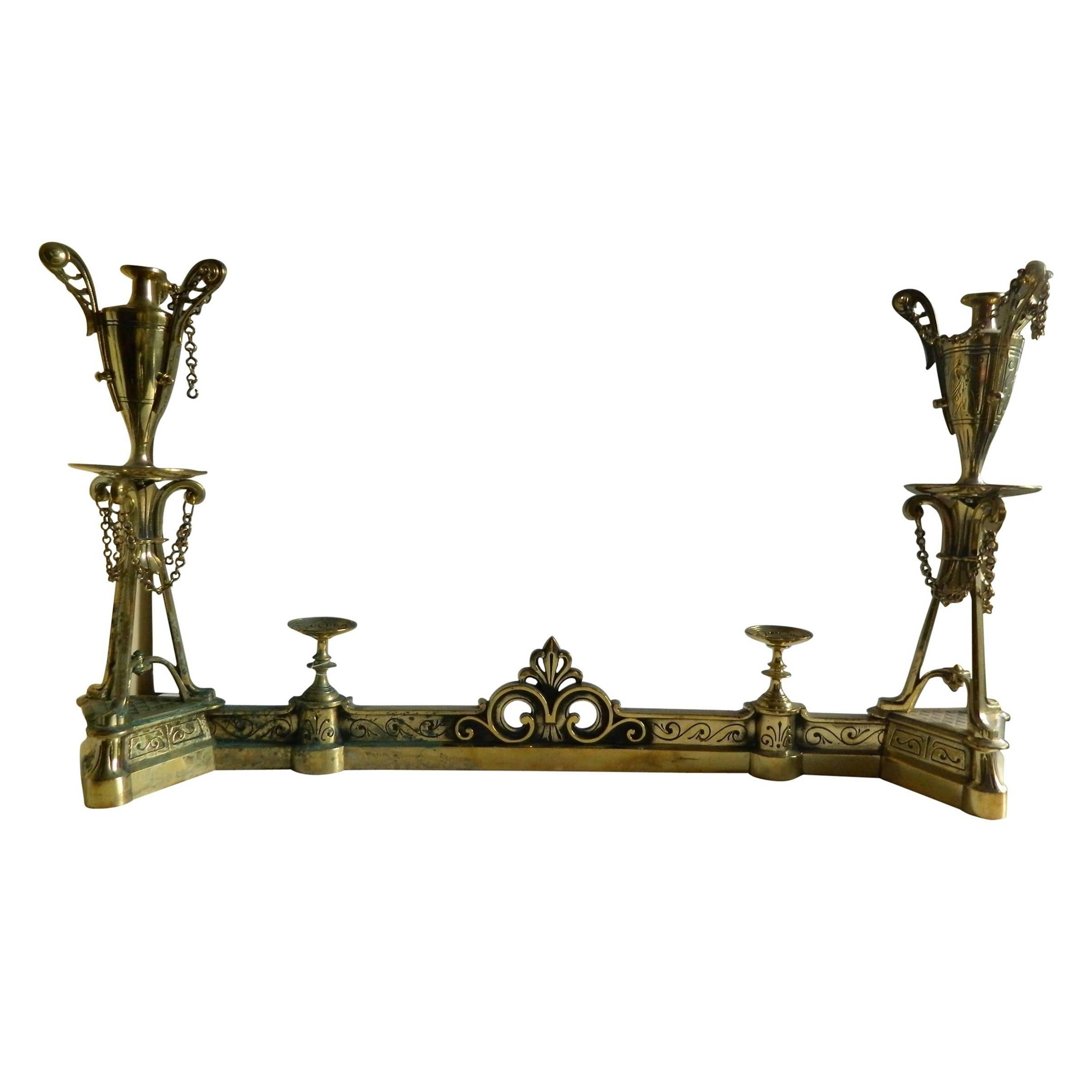 Pair of Polished Brass Chenet or Andirons with a Fender, Urn Motif, 19th Century For Sale