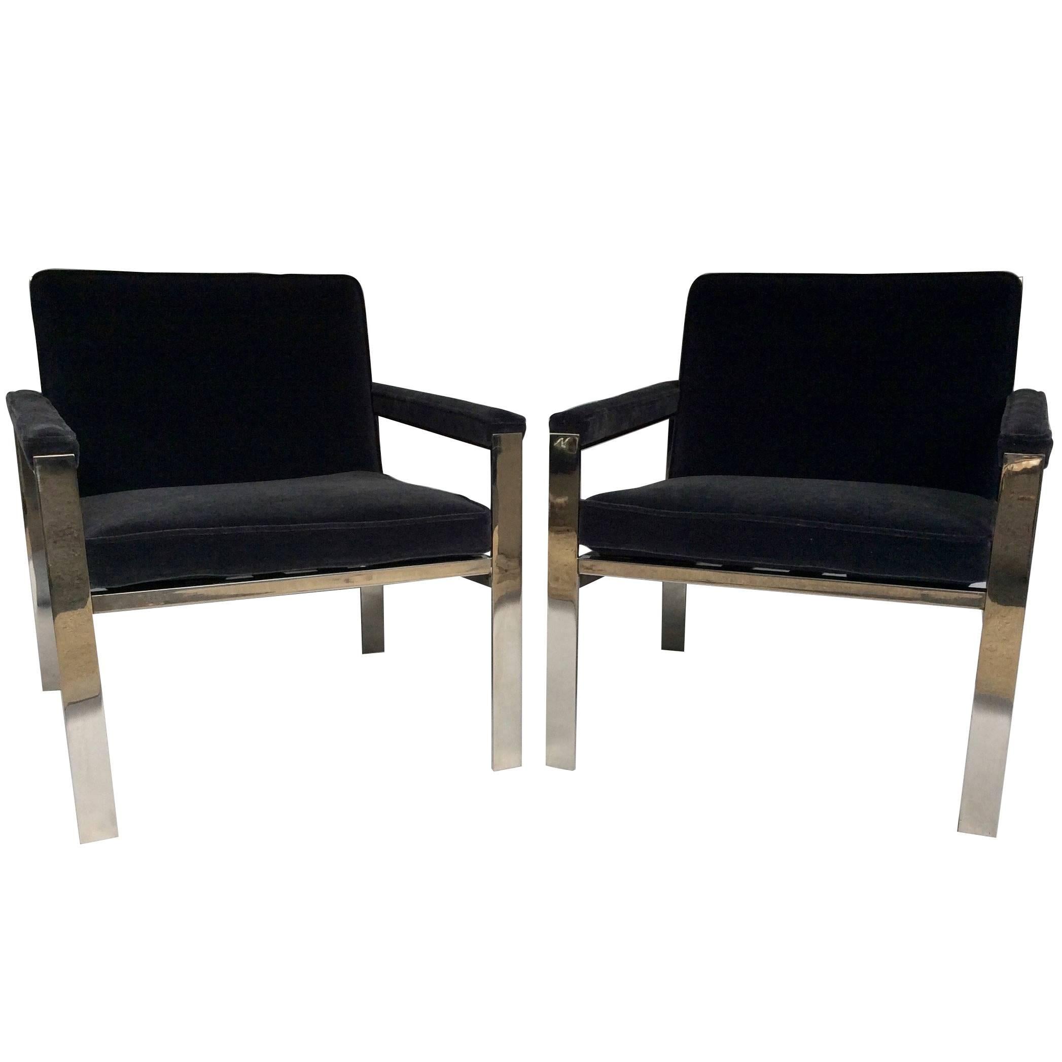 1970s Knoll/ Milo Baughman Pair of Chrome and Mohair Lounge Chairs For Sale