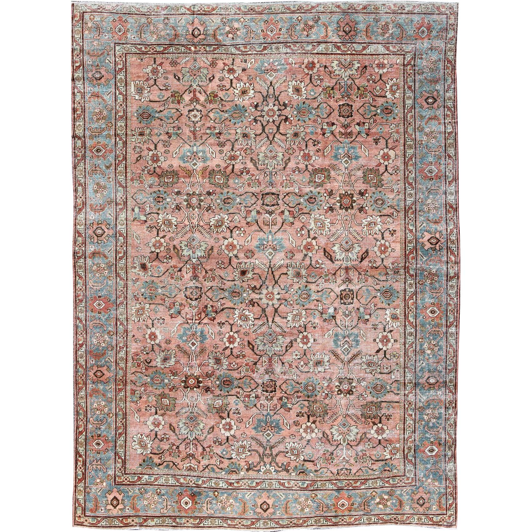 Antique Distressed Persian Sultanabad Rug with Burnt Orange Field, Blue Border For Sale