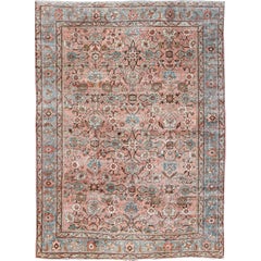 Antique Distressed Persian Sultanabad Rug with Burnt Orange Field, Blue Border