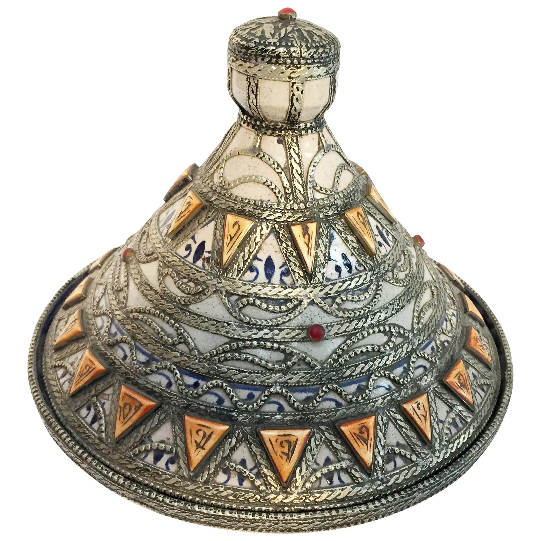 Moroccan Ceramic Polychrome Tajine with Leather Stones and Metal Overlay
