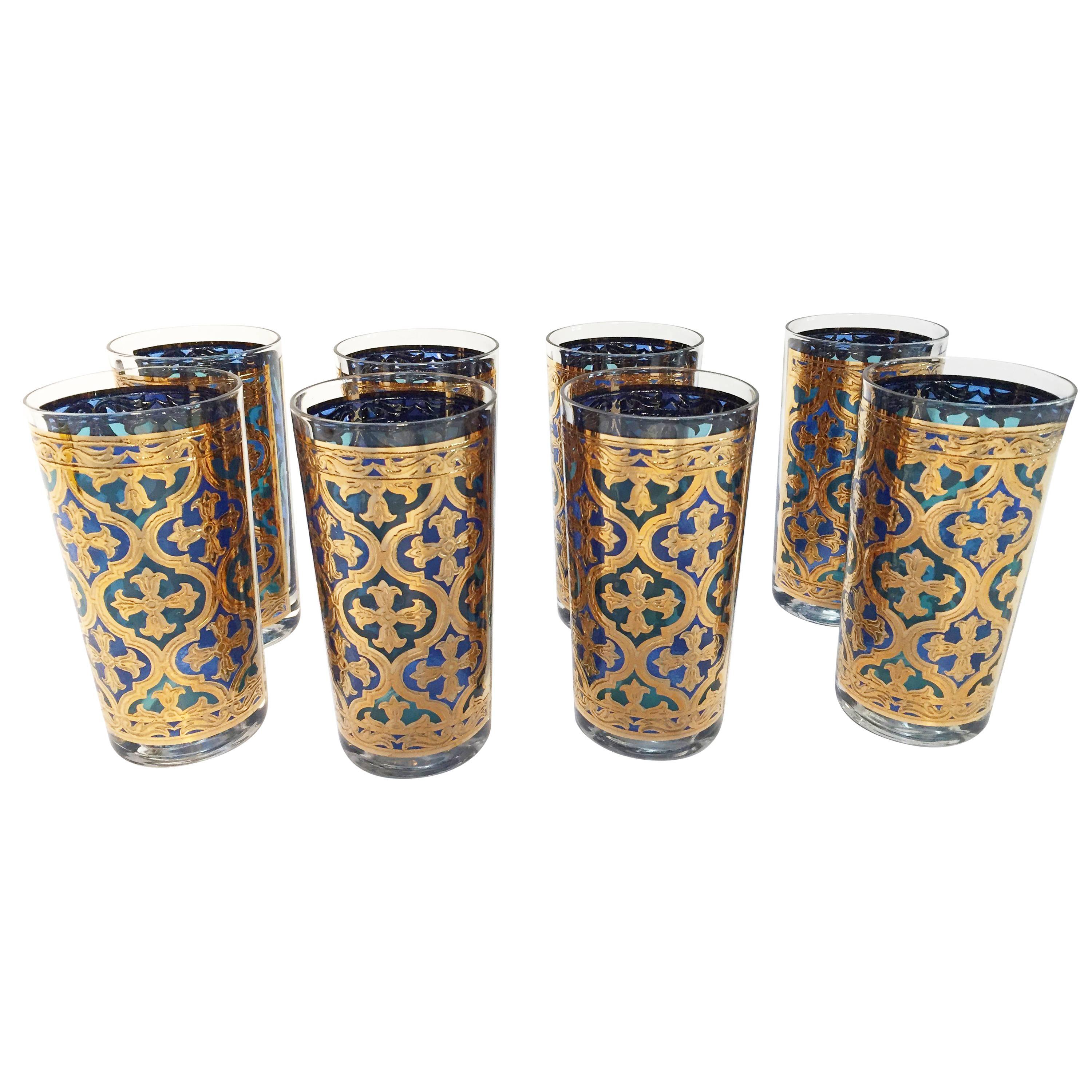 Vintage Set of Eight Highball Glasses Blue and Gold by Georges Briard