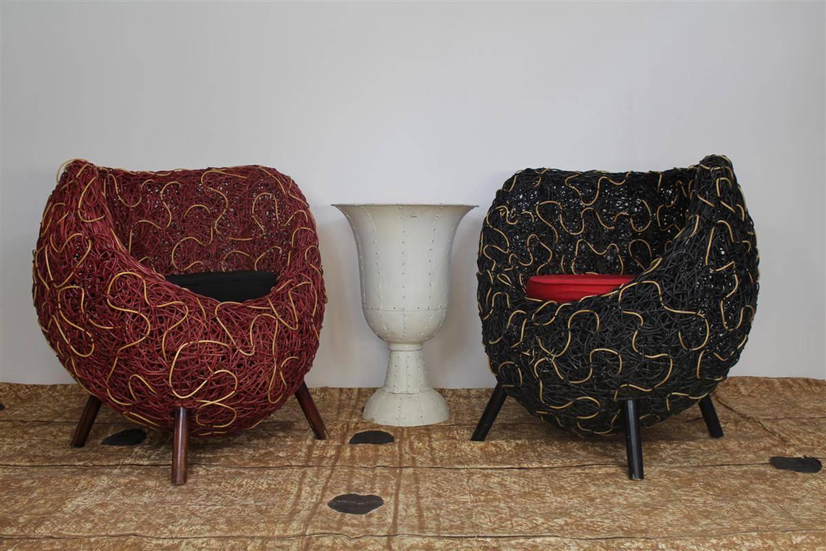 Italian Midcentury Rattan Red and Black Armchairs, Italy