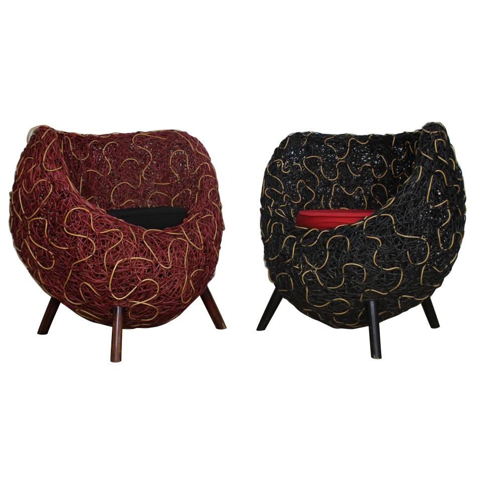 Midcentury Rattan Red and Black Armchairs, Italy