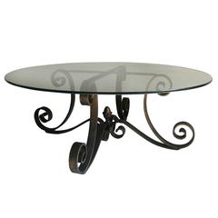 Mid Century Scrolled Forged Iron Table Base with Round Glass Top