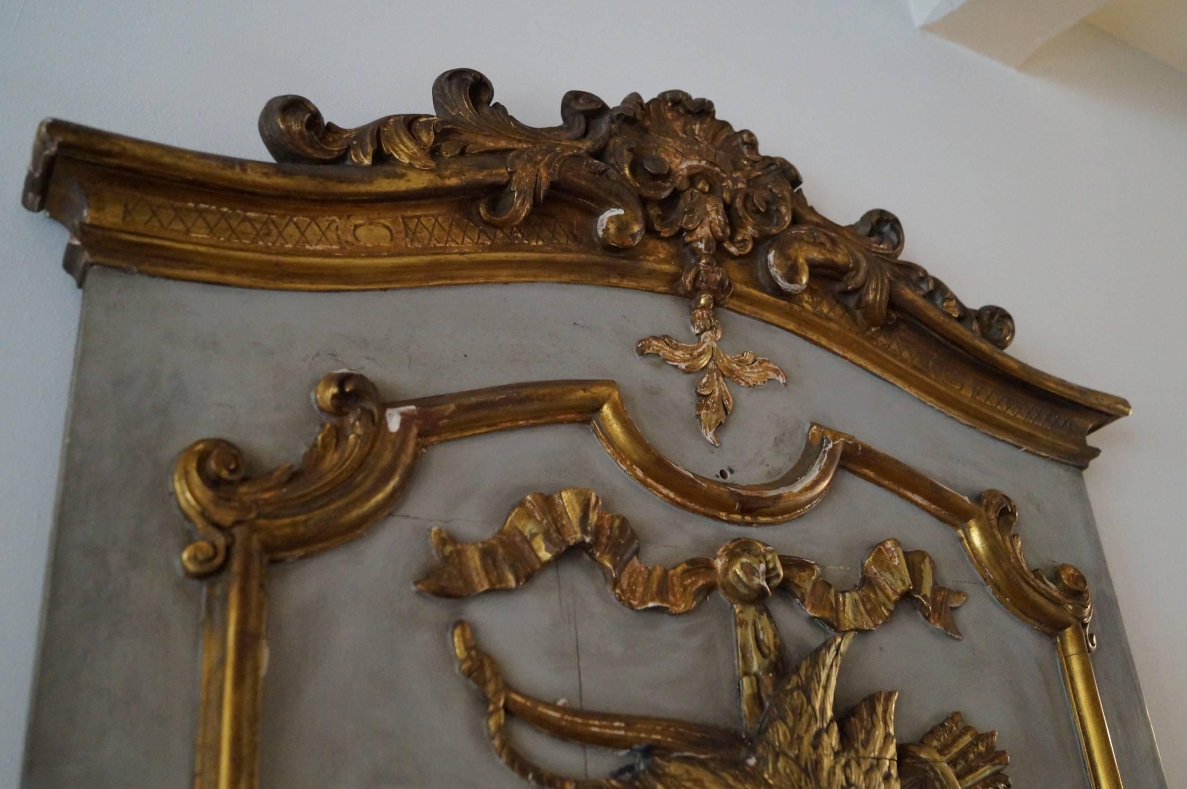 18th Century Rococo Mirror Hand-Carved and Gilded, Trumeau or over Mantel with Hunting Decor
