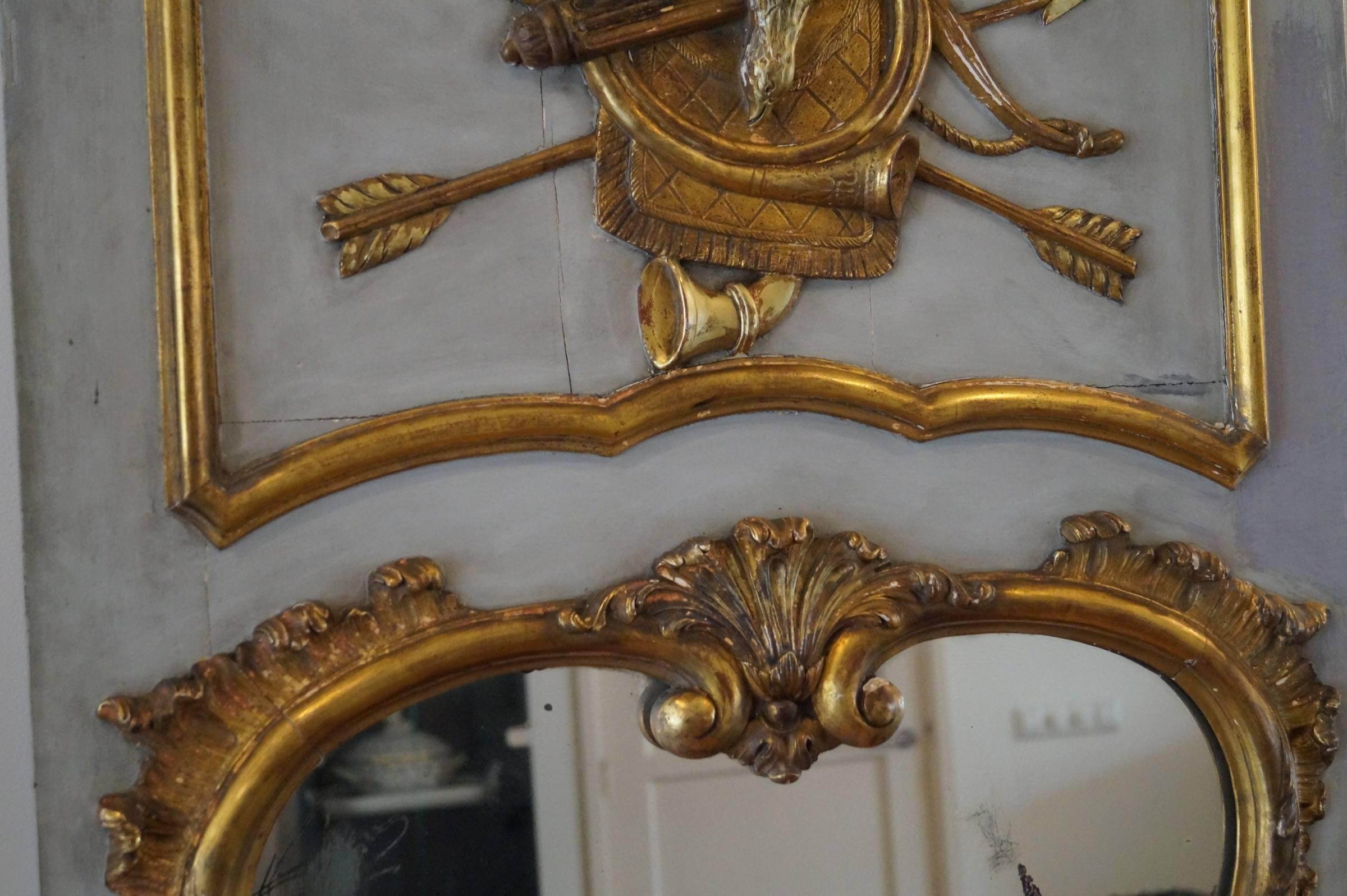 Wood Rococo Mirror Hand-Carved and Gilded, Trumeau or over Mantel with Hunting Decor