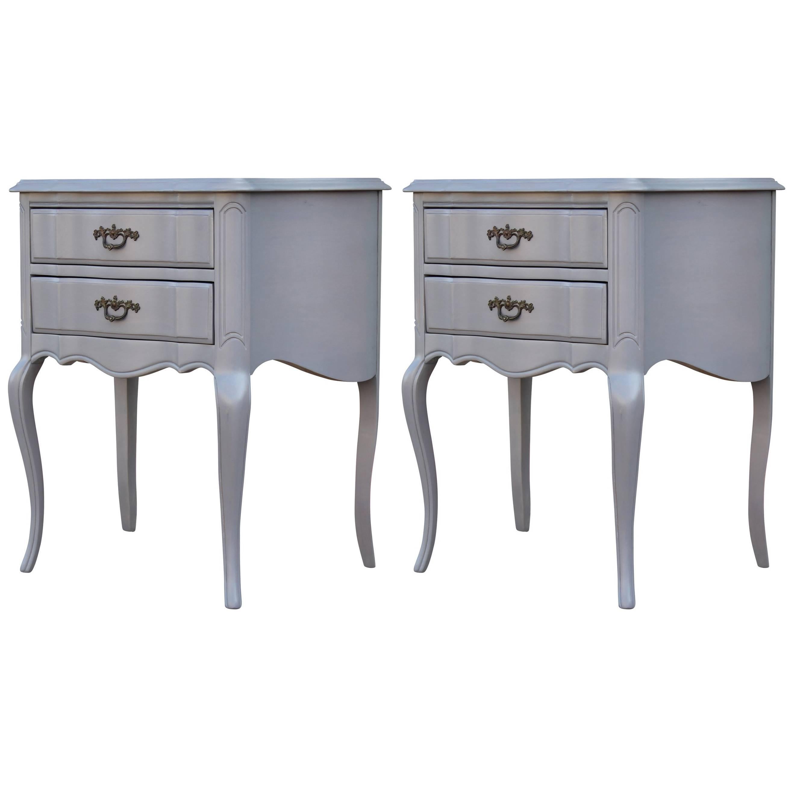 Pair of Hollywood Regency Grey Stained French Style Two Drawer Nightstands