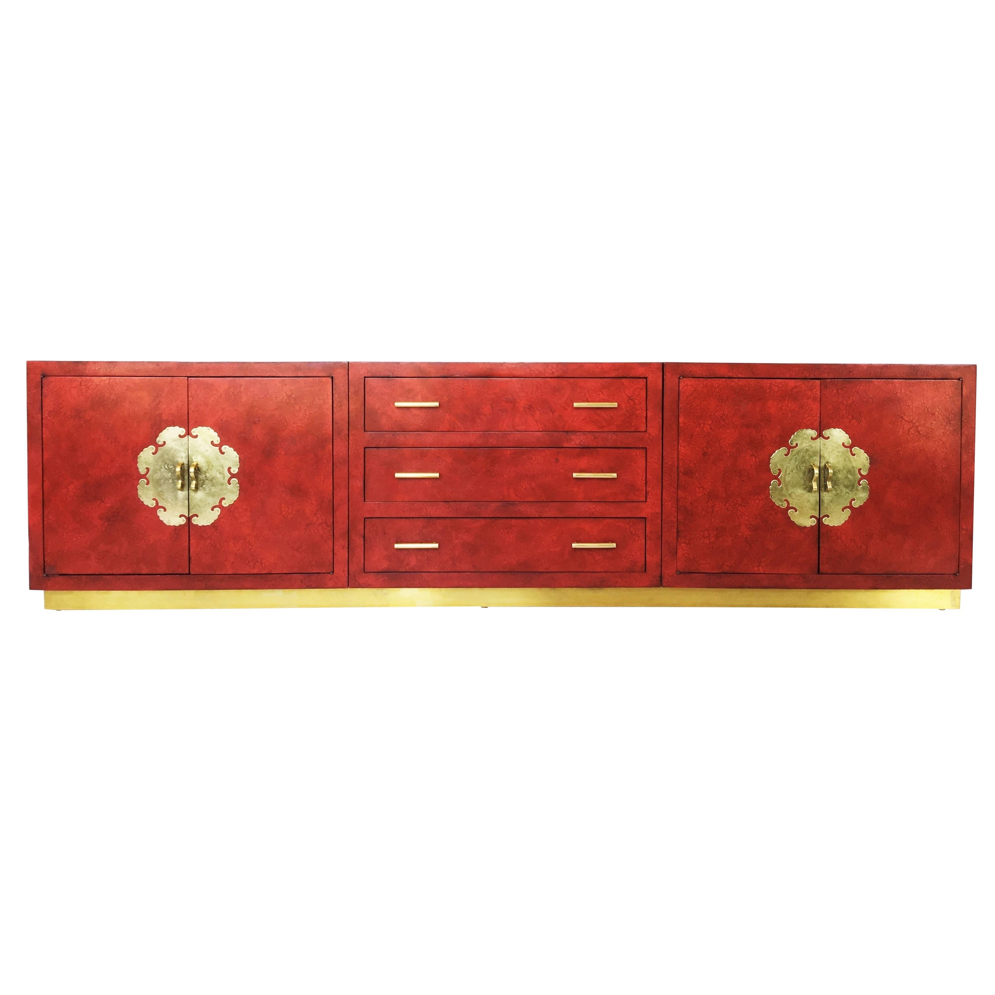 Stunning Chinoiserie Asian Style Red Lacquer and Brass Sideboard or
