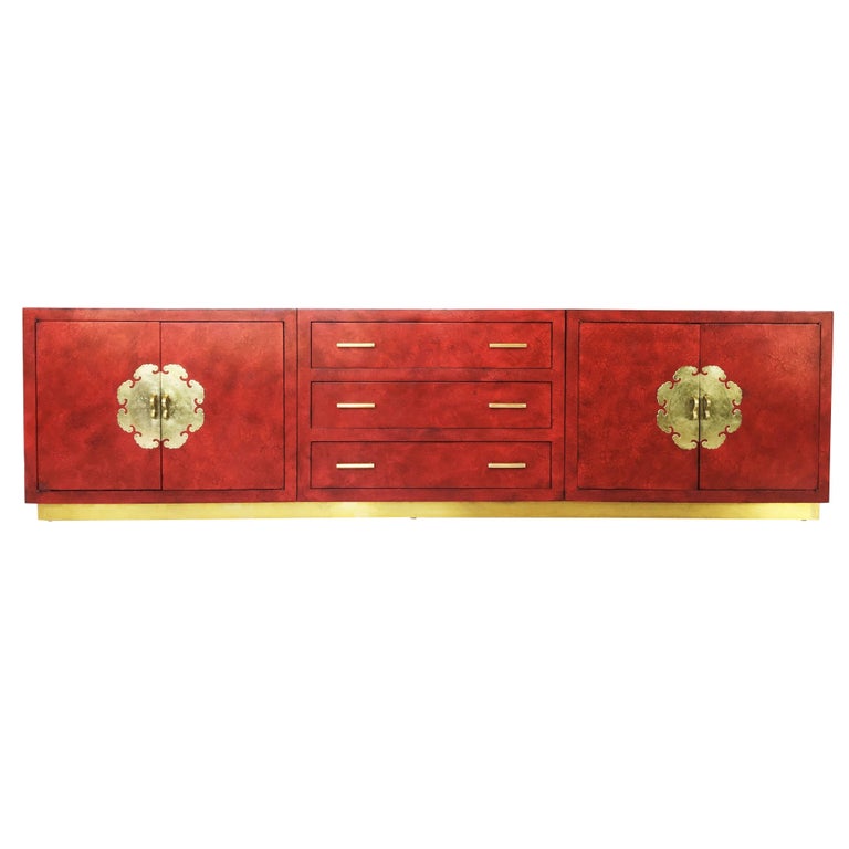 Stunning Chinoiserie Asian Style Red Lacquer and Brass Sideboard or