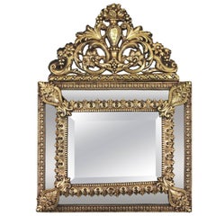 19th Century, French Napoleon III Brass Repousse Vanity Glass Mirror