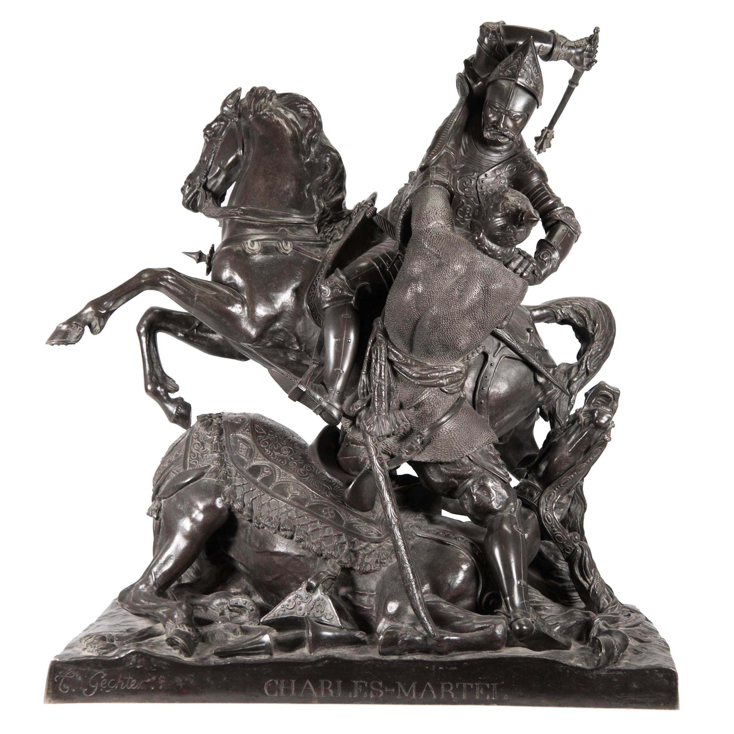 Charles Martel & Abderame, Bronze Statue by Theodore Gechter For Sale