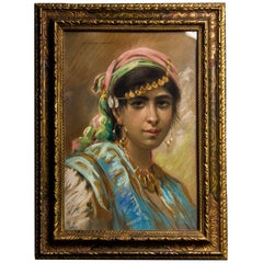 Pastel Portrait of a Berber Girl in Ornate Gilt Frame, Signed, circa 1900