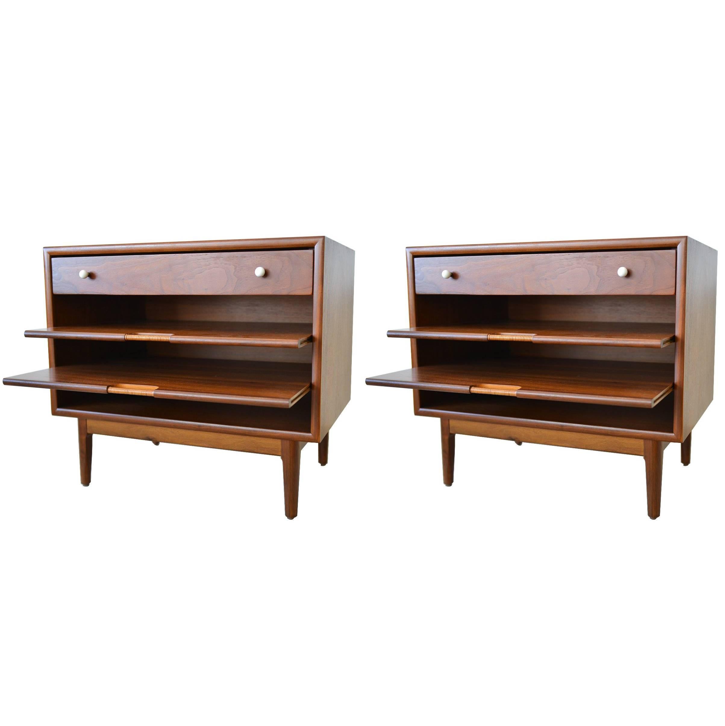 Pair of Kipp Stewart Nightstands with Pull Out Magazine Shelves, circa 1965