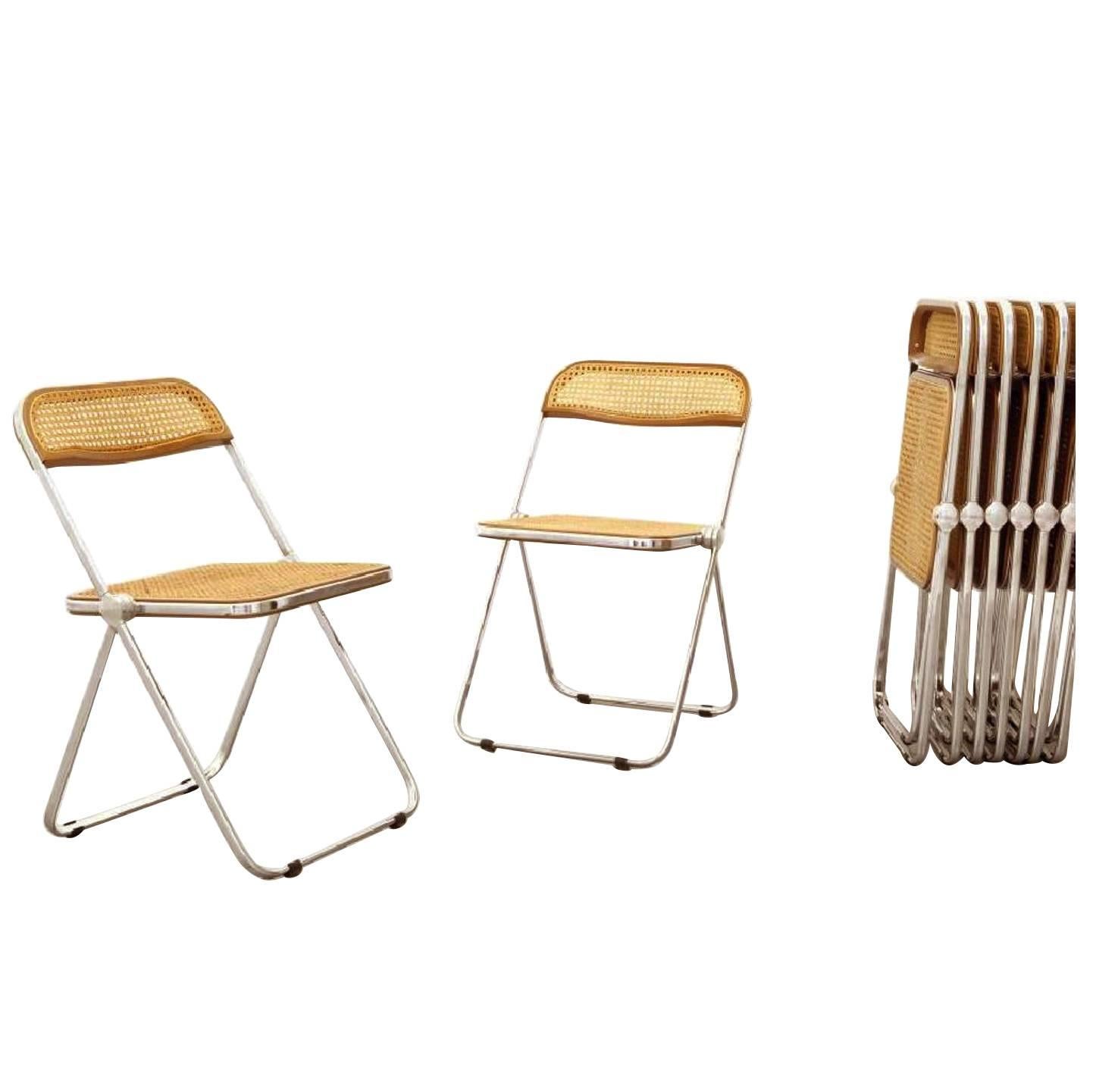 Giancarlo Piretti, Rare Set of Ten Wood and Caning 'Plia' Folding Chairs For Sale