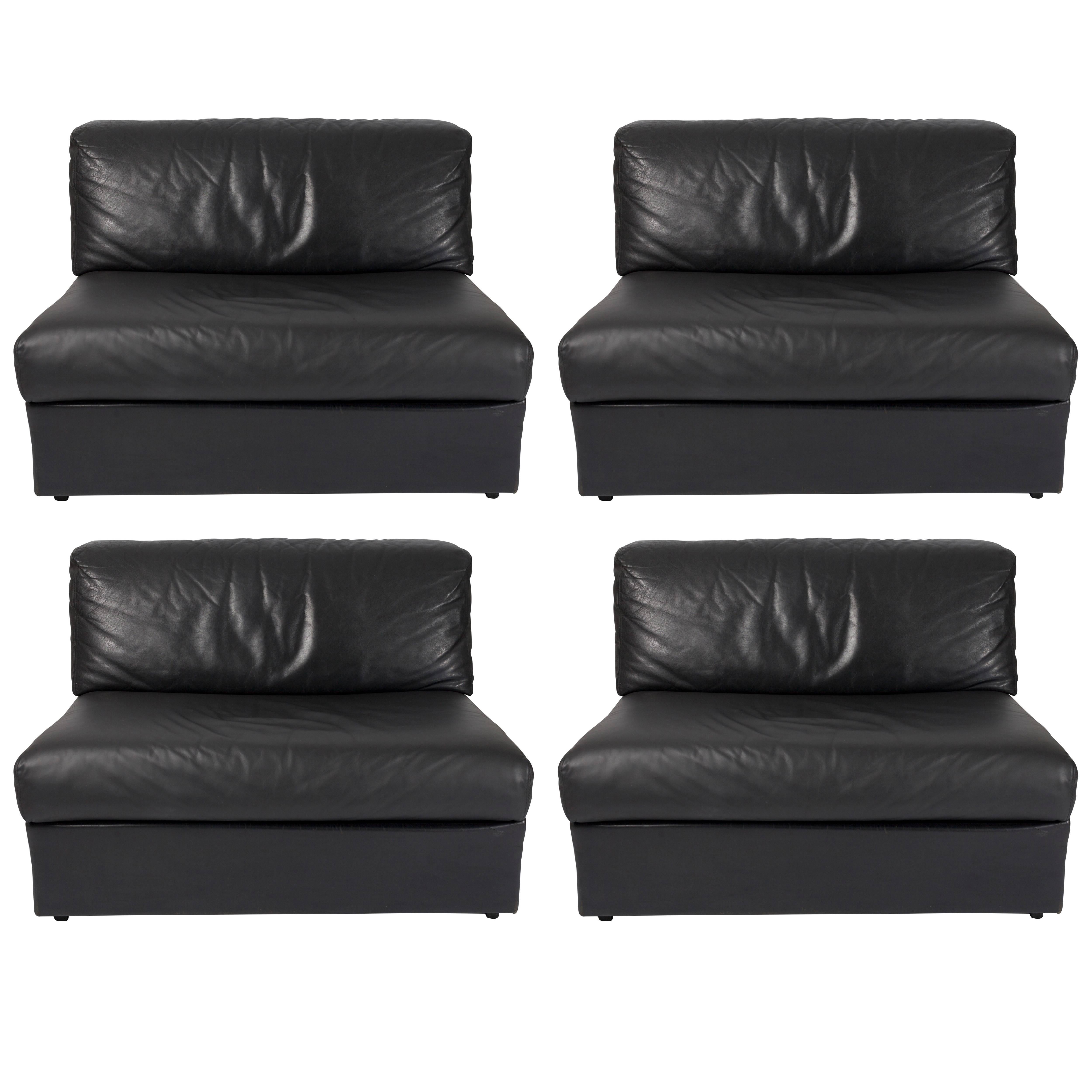 Black Leather Sectional Sofa in the Style of De Sede