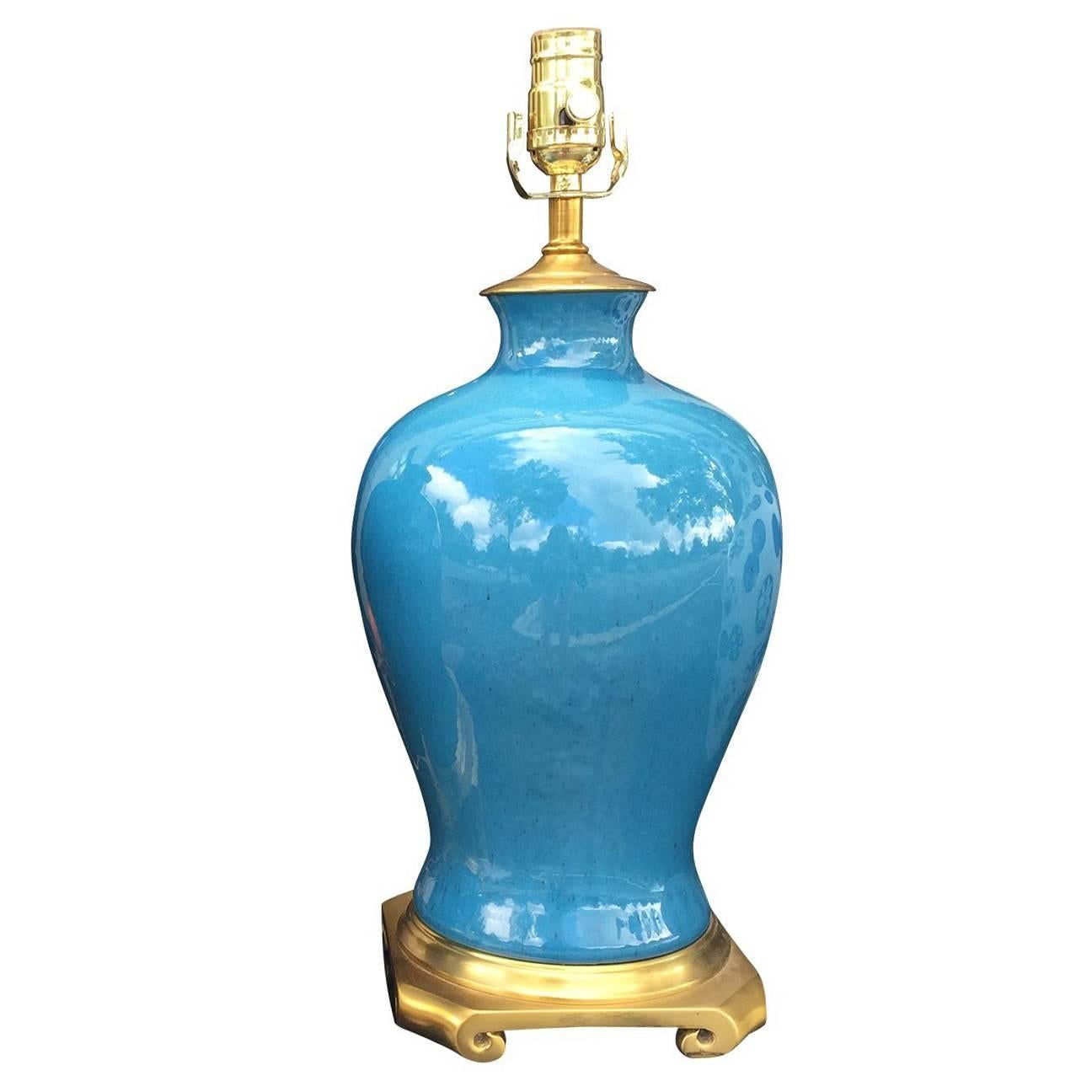  Mid Century Blue Lamp, Brass Base