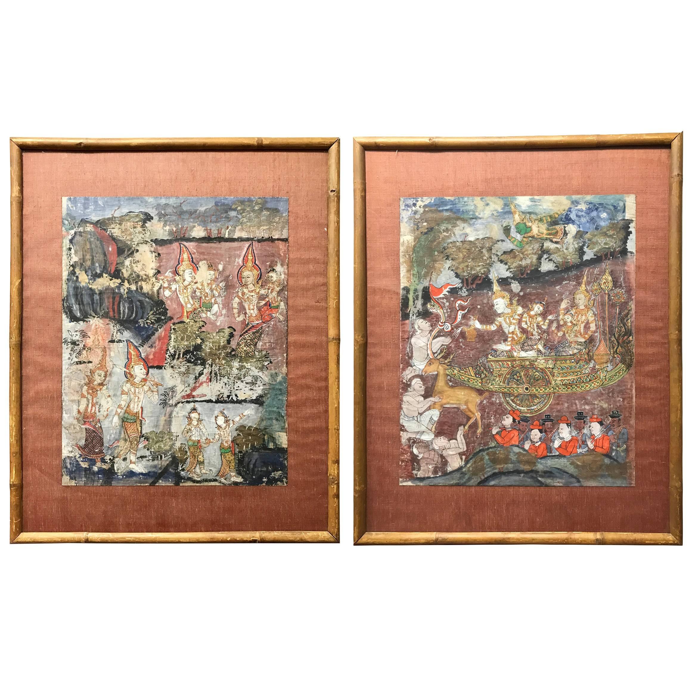 Pair of Vaishravana Thangka Tibetan Asian Buddhist Paintings Thangkas