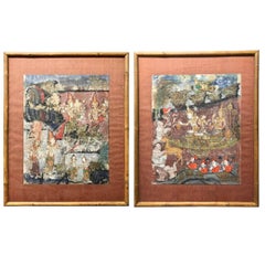 Antique Pair of Vaishravana Thangka Tibetan Asian Buddhist Paintings Thangkas