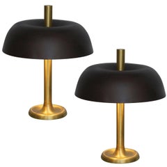 Pair of Hillebrand Brass Table Lamps with Black Shade, Germany, 1960s