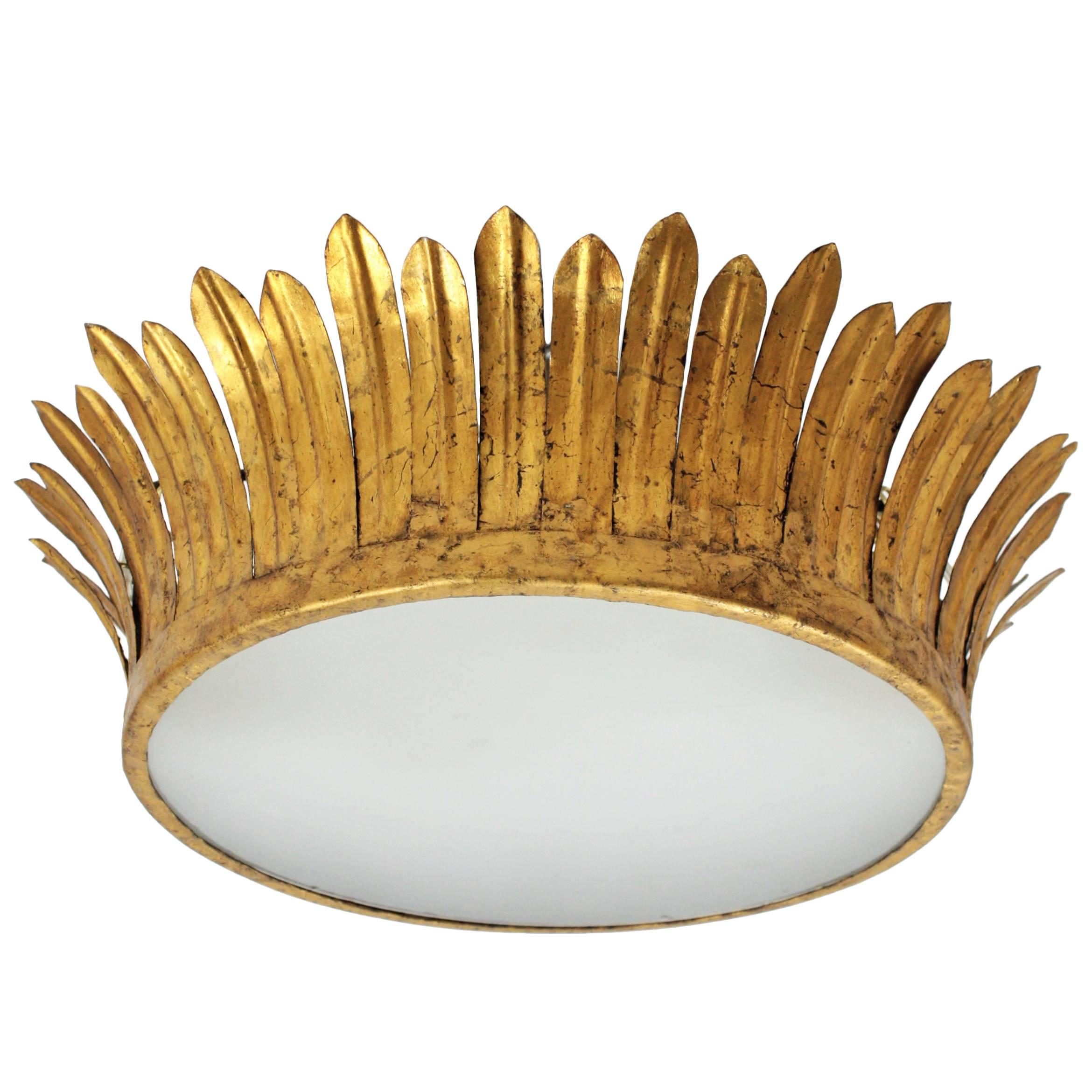 French, 1940s Neoclassical Gilt Iron Crown Light Fixture with Frosted Glass