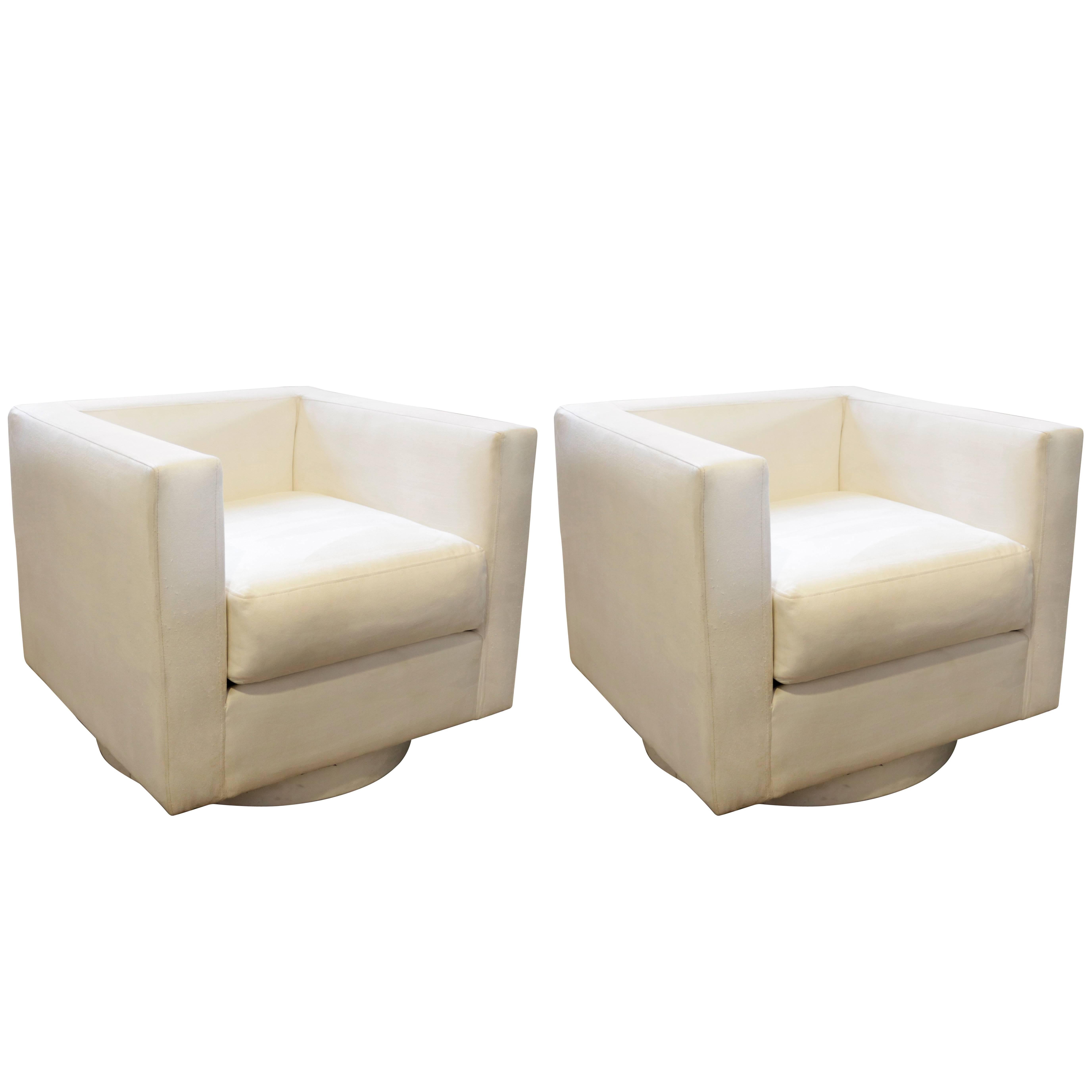 Set of Two White Upholstered Tuxedo Swivel Chairs by Harvey Probber