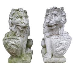 Pair of French 19th Century Hand-Carved Stone Sculptures of Lions