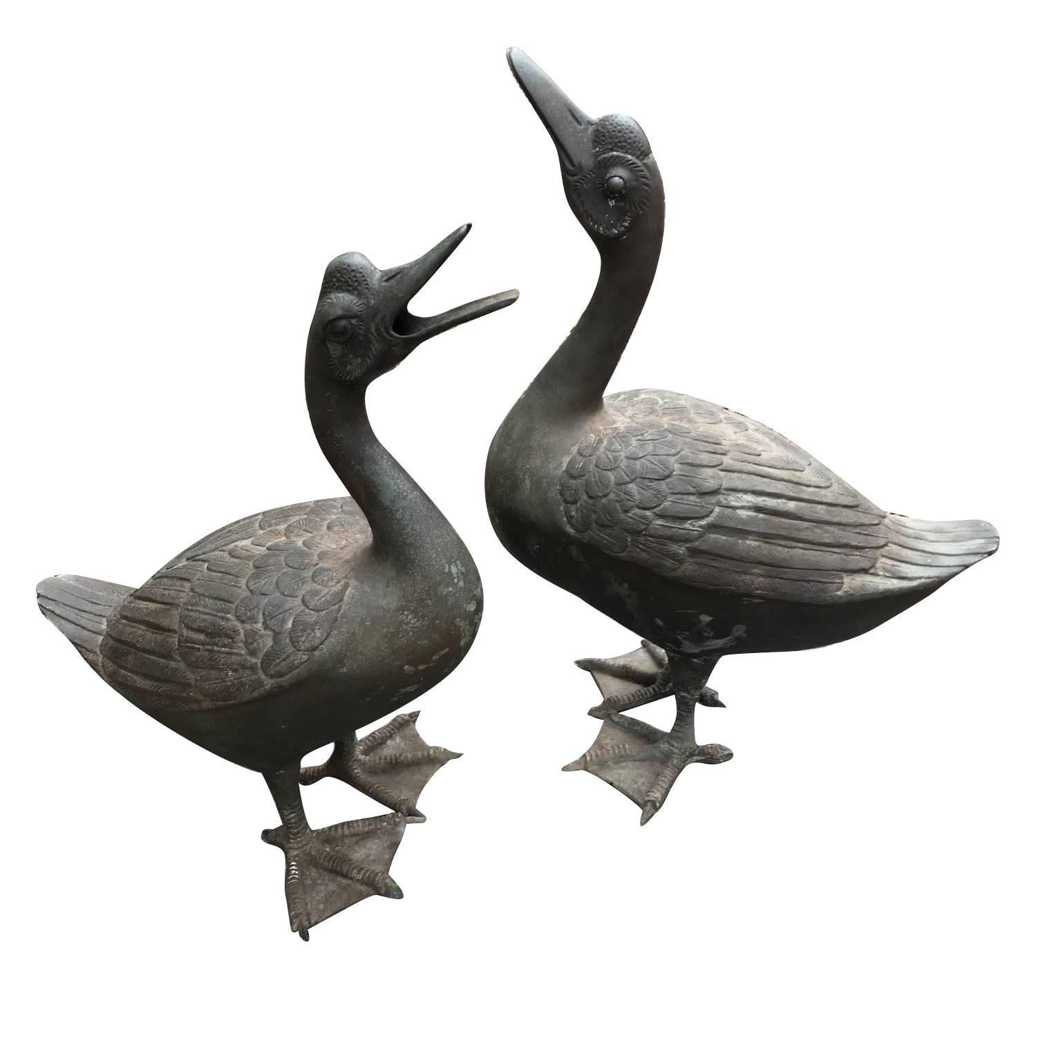 Japan Antique Large Hand Cast Pair Bronze Garden Ducks- Beautiful Details, 18"