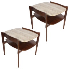 Pair of 1960s Mid-Century Modern Sculpted Italian Walnut Travertine End Tables