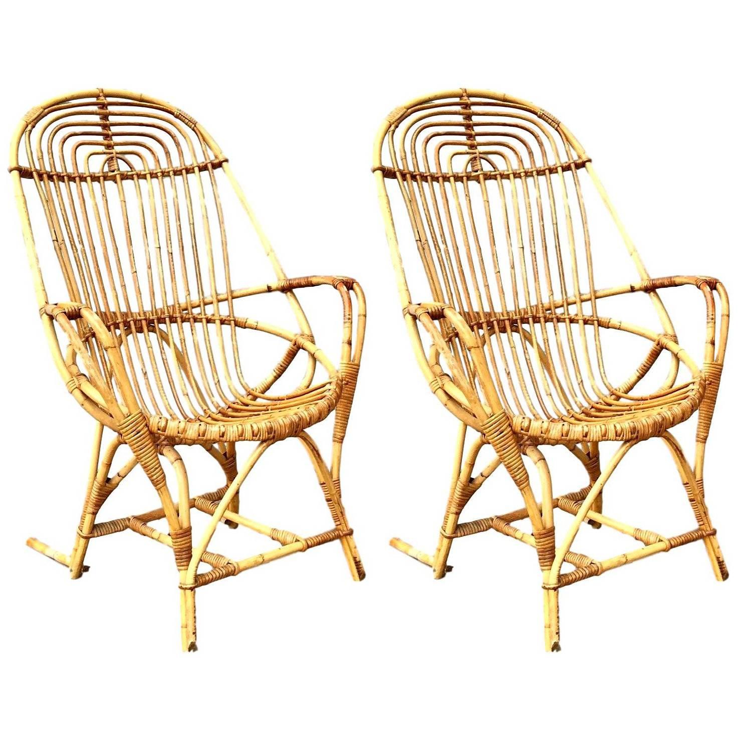 Pair of French Sculptural Rattan Chairs